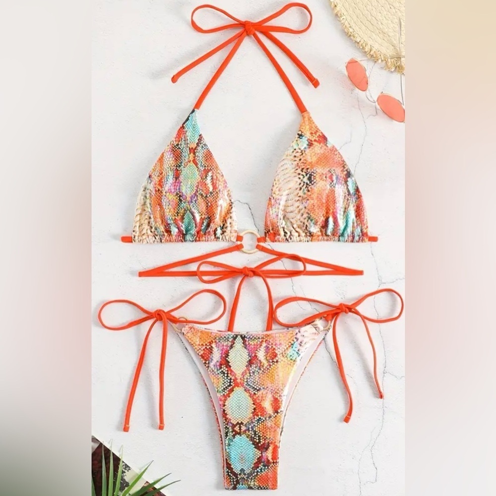 Orange Snakeskin Print Halter Tie Side Bikini Set